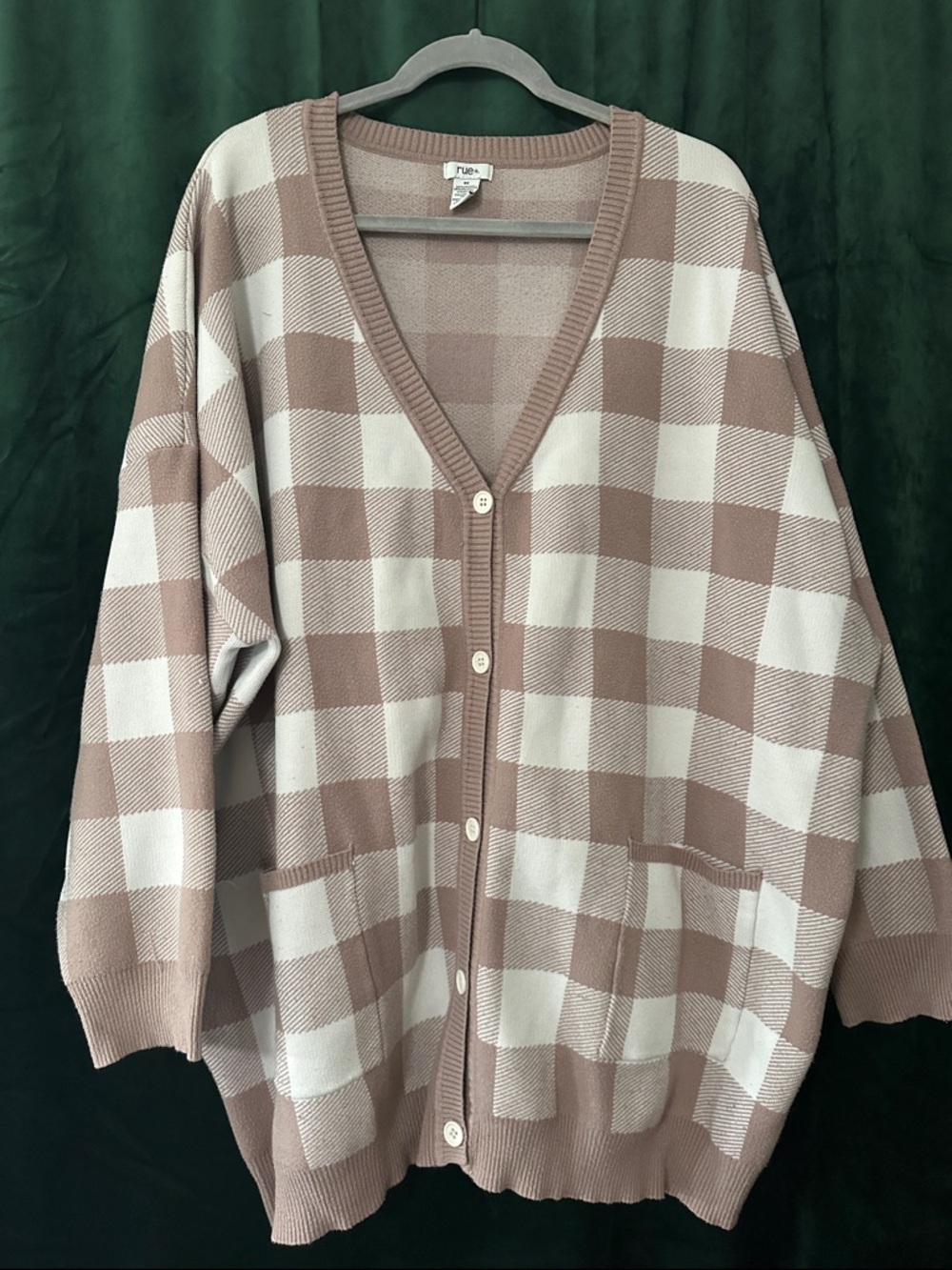 Relaxed Checkered Cardigan Sweater - Taupe & Cream